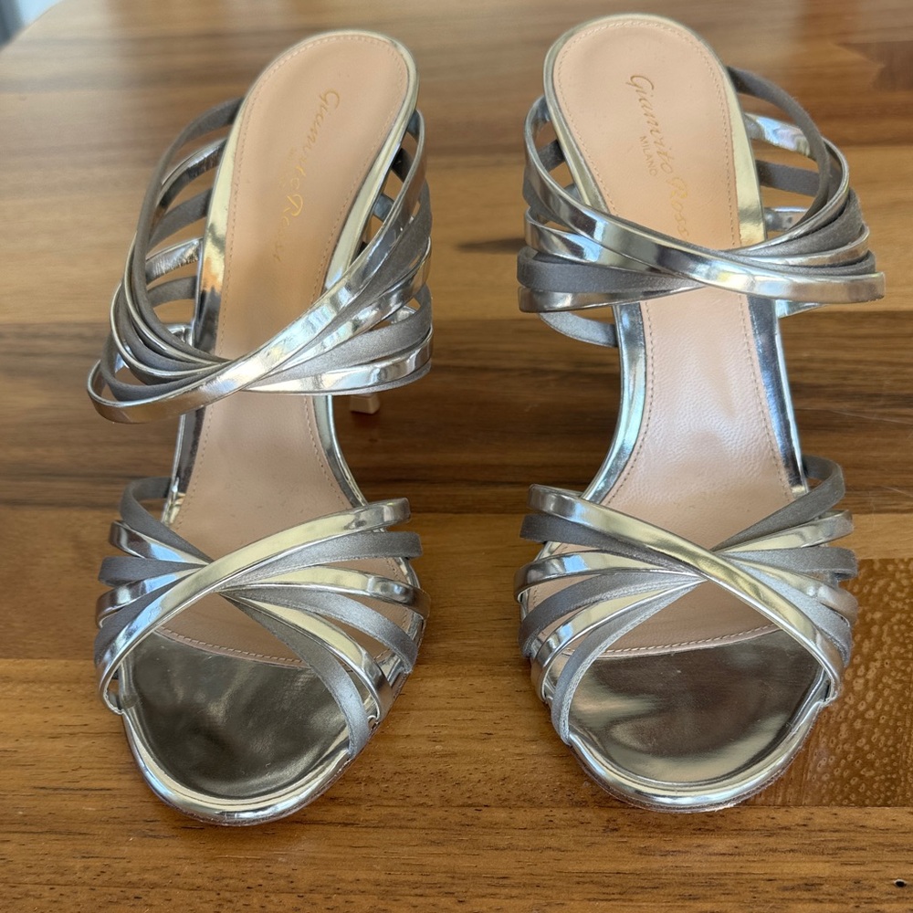 Gianvito Rossi Metallic Silver Strappy Heels